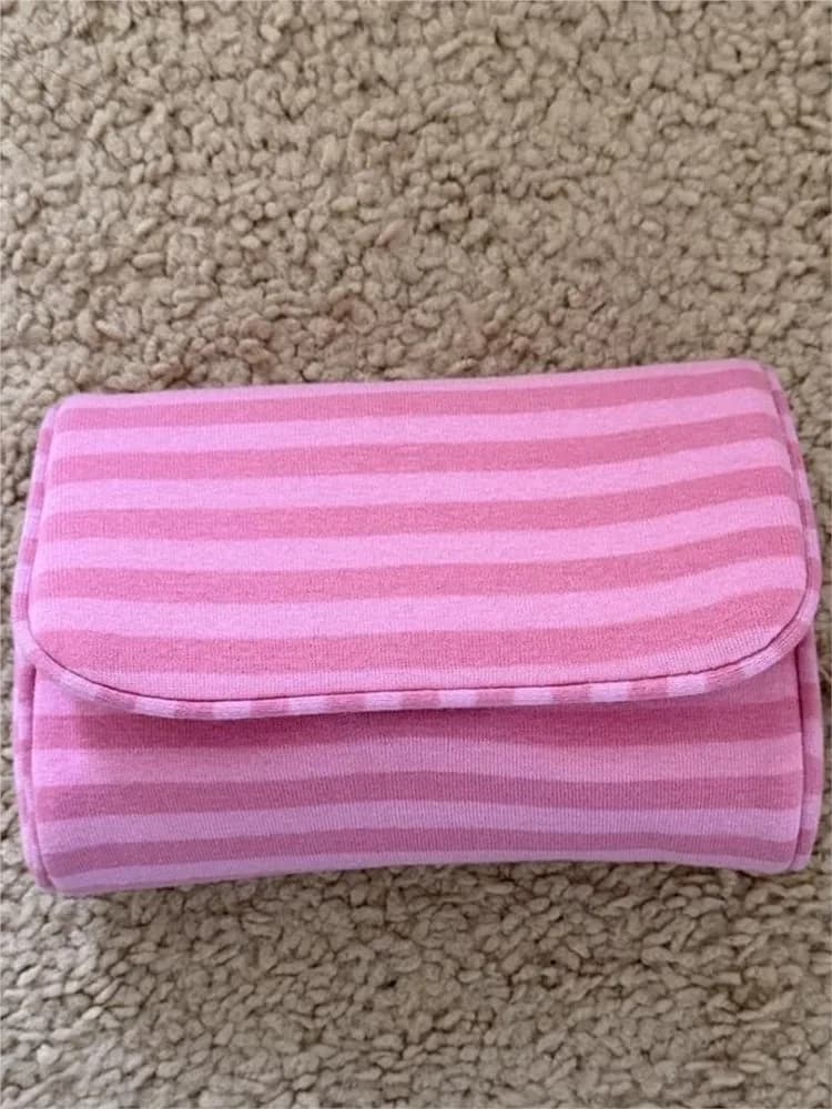 Borsa per il Trucco con Specchio e Chiusura a Scatto, Rosa a Righe, Organizer da Viaggio Portatile con Cerniera, Borsetta Carina e Dolce, Pochette per Cosmetici