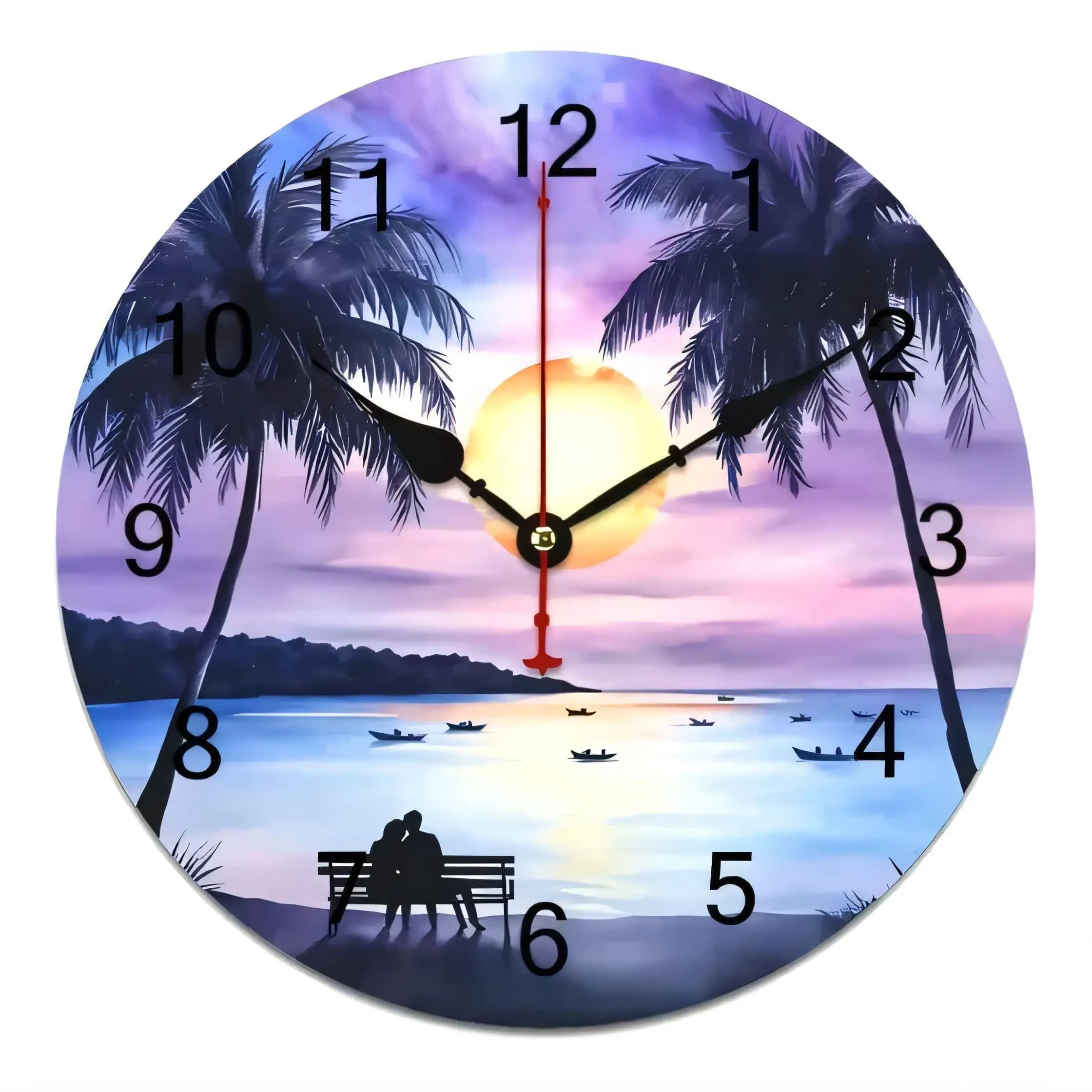 Tropical Sunset Wall Clock Silent Non Ticking Romantic Home Office Decorative with Black Arabic Numerals and Gold Hub