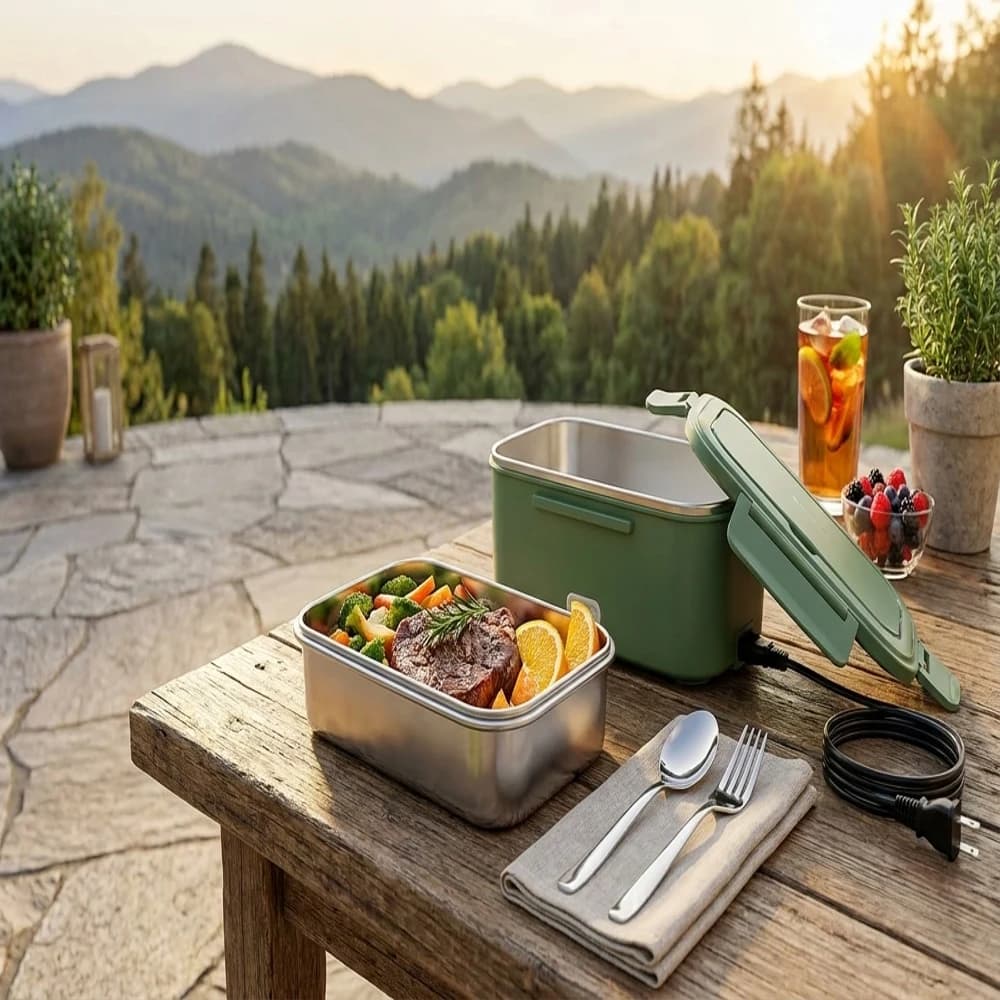 Scaldavivande Elettrico Portatile da 80W, Contenitore Termico in Acciaio Inox a 2 Scomparti con Borsa per il Trasporto, Cucchiaio e Forchetta per il Lavoro