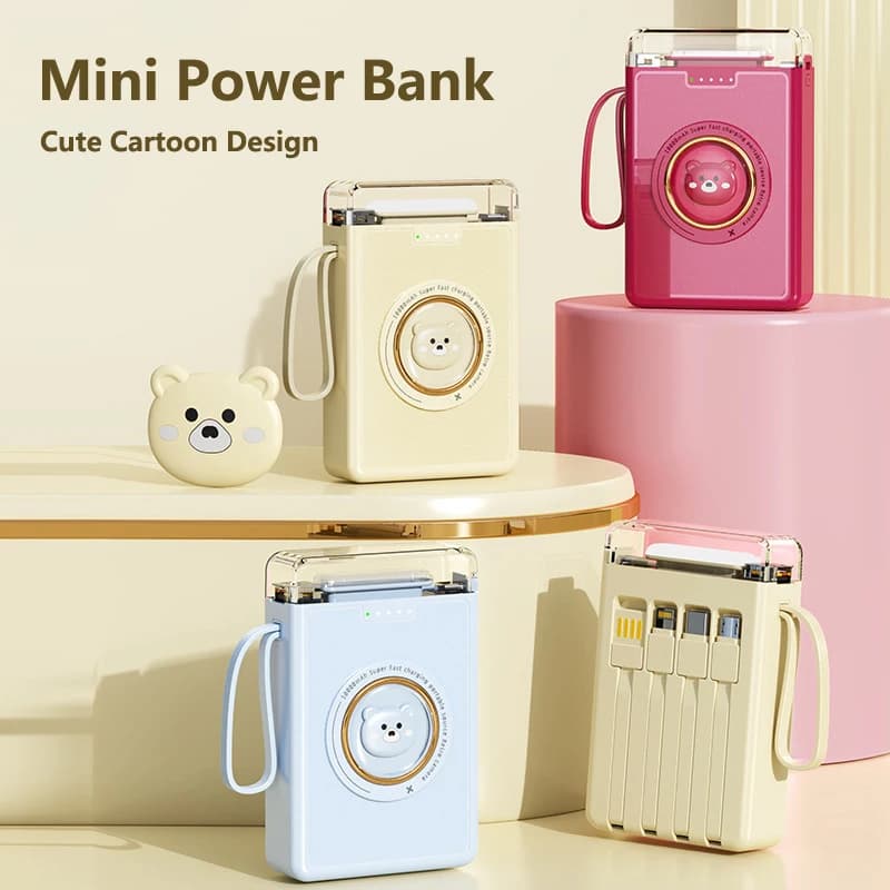 Mini Power Bank 20000mAh Cute Pet Cartoon LED Light Powerbank Costruito in 4 cavi Caricatore portatile Batteria esterna Power Bank