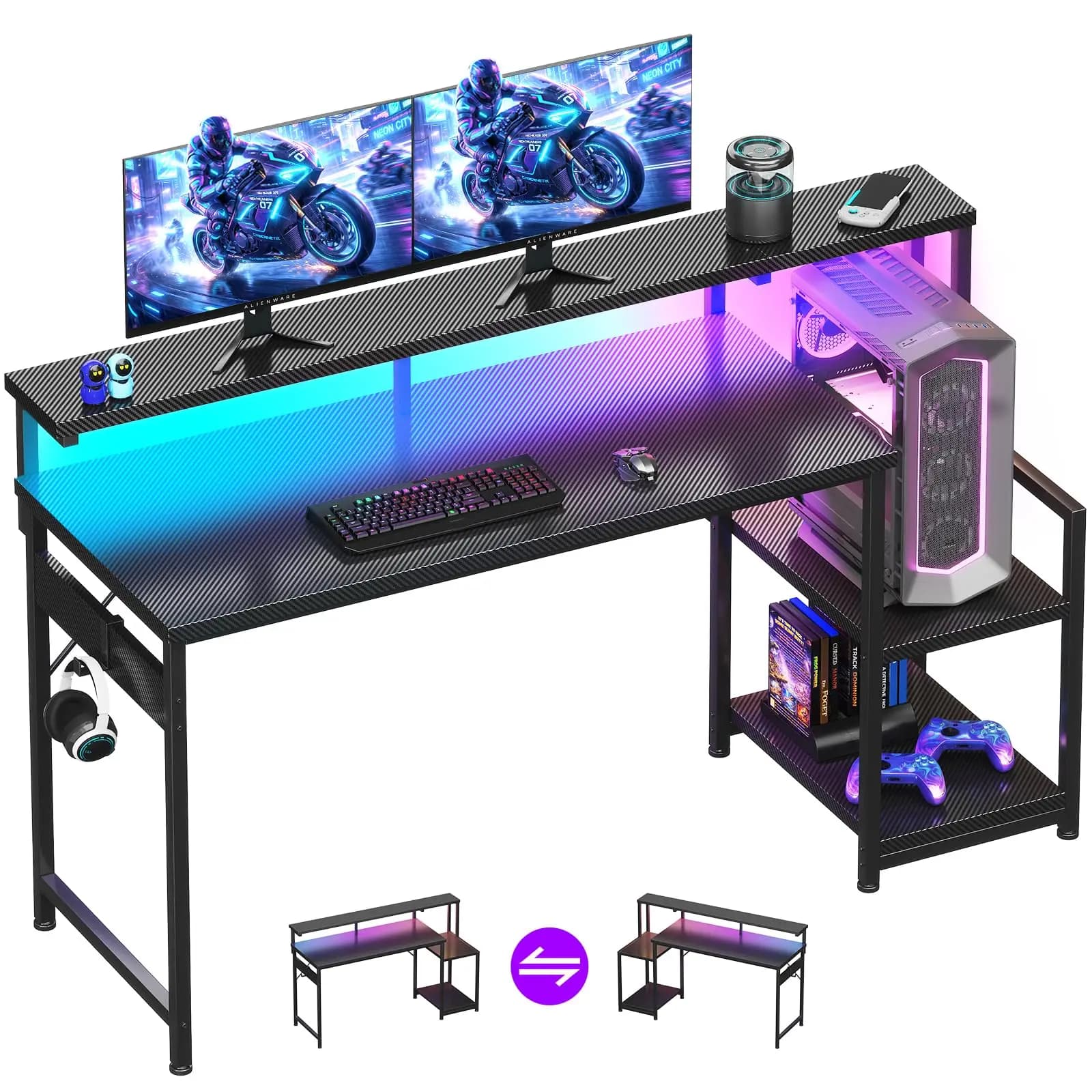 Scrivania da Gaming 48 Pollici con Luci LED, Scrivania per Computer con Ripiani Portaoggetti, Supporto Monitor Reversibile, Fibra di Carbonio Nera