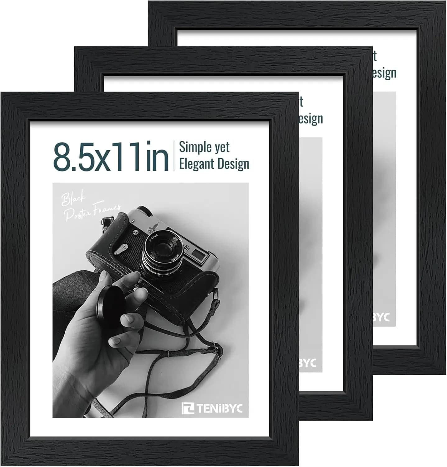Set di 3 Cornici per Foto 8.5x11 - Effetto Legno Nero, Legno Massello e Vetro Temperato HD, per Esposizione a Parete o su Tavolo