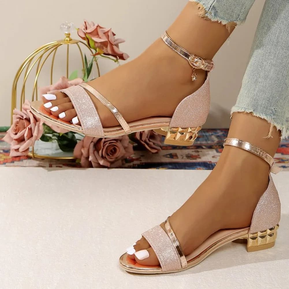 Women's Summer Sandals Plus Sizes with Modern Heel and Cable Strap, Elegant Shoes with Rhinestones and Low Heel