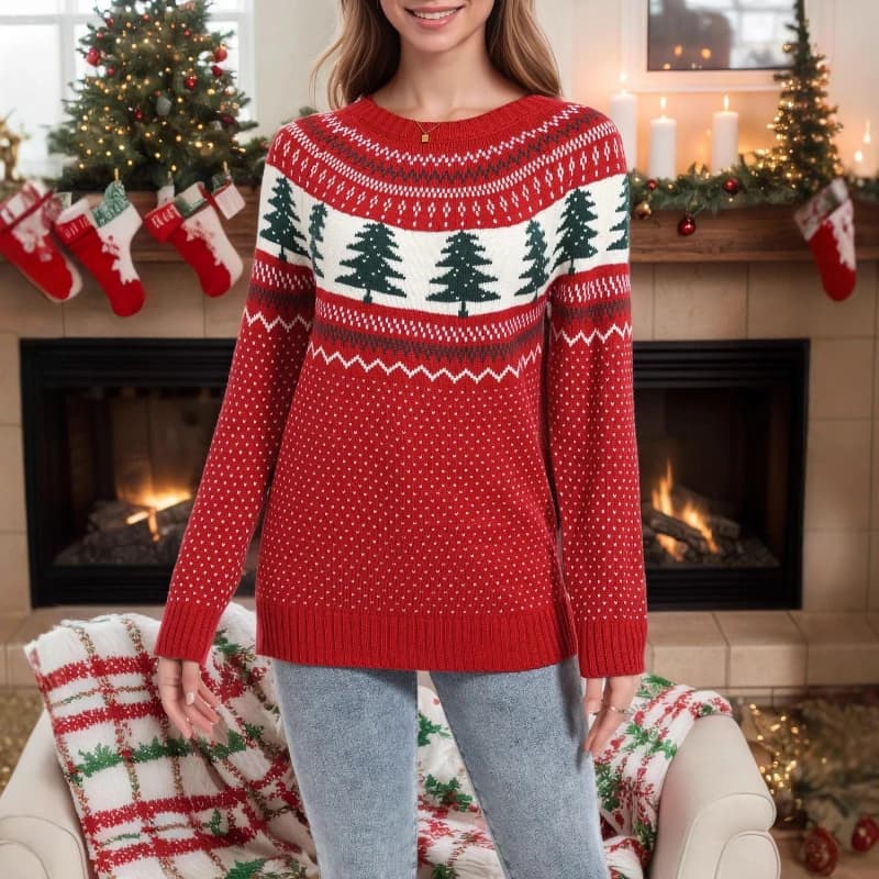 Autumn and Winter New Christmas Sweater Women's Loose Knitted Green Pine Embroidered Versatile Hoodie Top