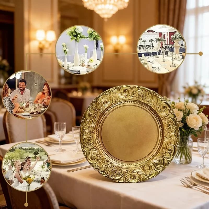 Plastic Gold Charger Plate Elegant Decorative Service Tray Dinner Platter for Wedding Christmas Party Banquet Table Arrangement