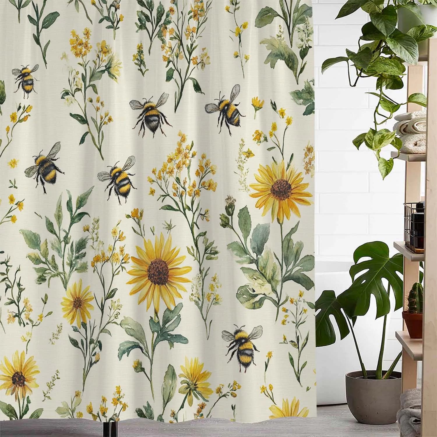 Tenda da doccia con motivo girasole e ape - Decorazione da bagno impermeabile con motivo floreale, tessuto in poliestere, per l'arredamento del bagno