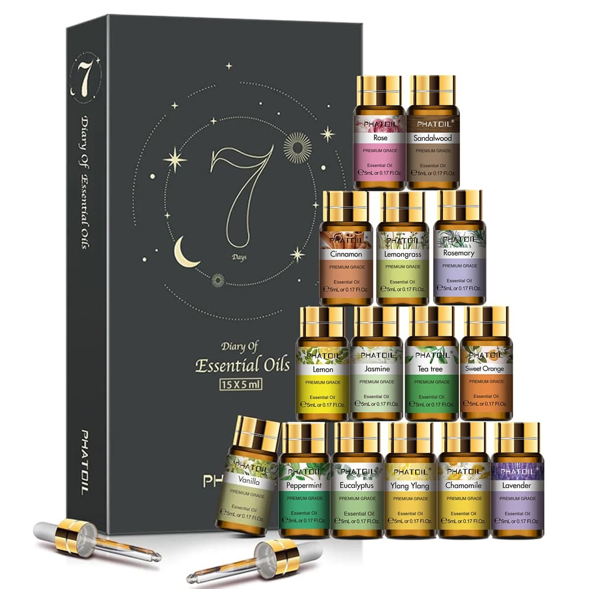 PHATOIL 15PCS Essential Oils Set For Soap & Candle Making,Diffuser,Humidifier-5ml Lavender Eucalyptus Peppermint Tea Tree Lemon Sweet Orange Jasmine Rose Aromatherapy Oils
