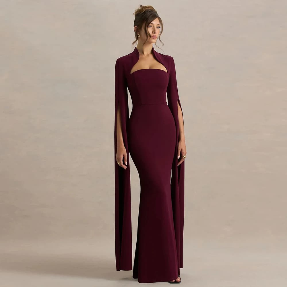 Abiti da Sera Personalizzati Stile Sirena 2026 con Maniche a Cappuccio, Vestito Lungo Bordeaux con Scollo Quadrato, Elegante Abito da Cerimonia Moderno per Donne