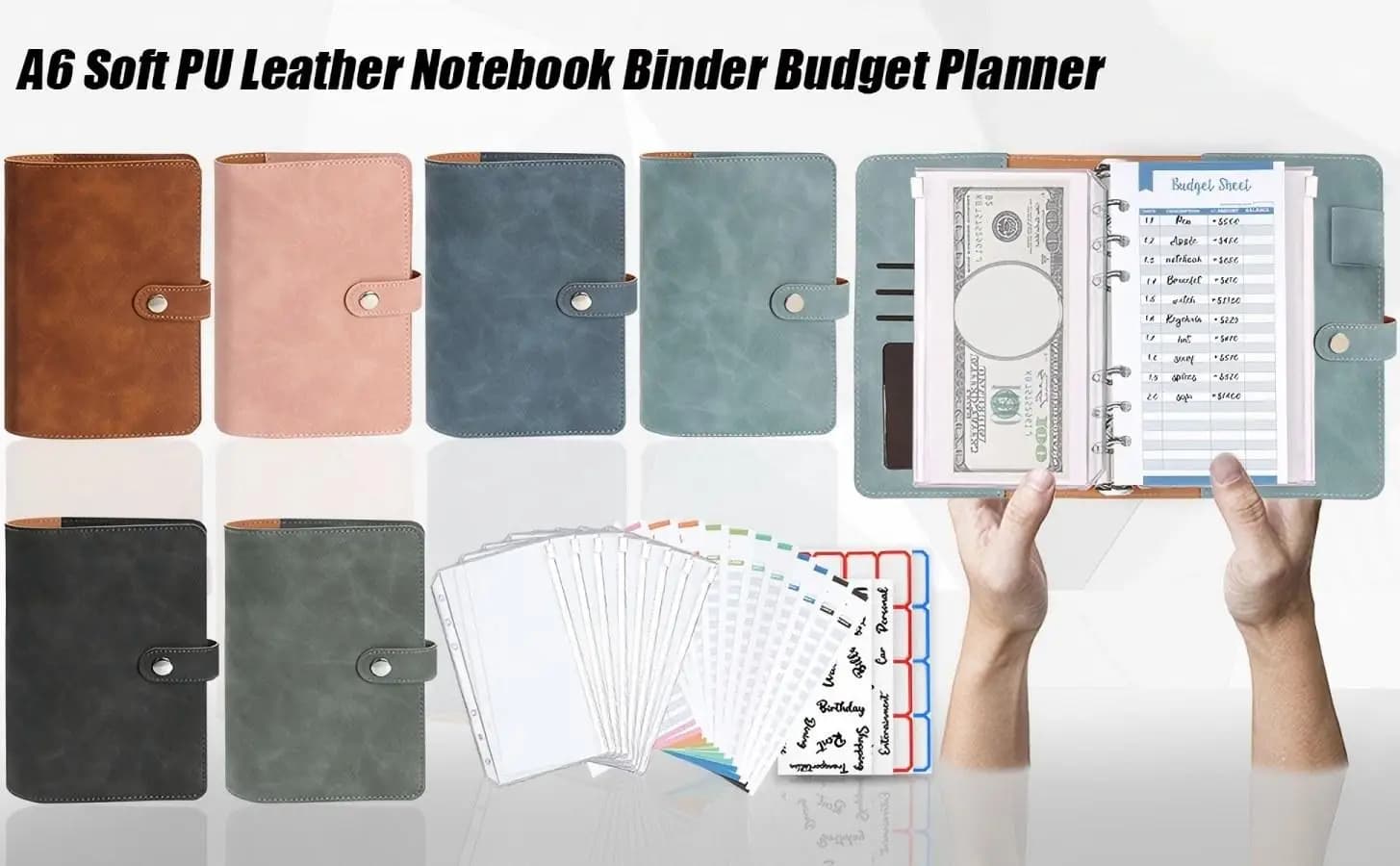 Raccoglitore per notebook in morbida pelle PU A6, pianificatore di budget, buste per contanti con tasche raccoglitore, 12 fogli di budget per le spese, 4 adesivi con lettere