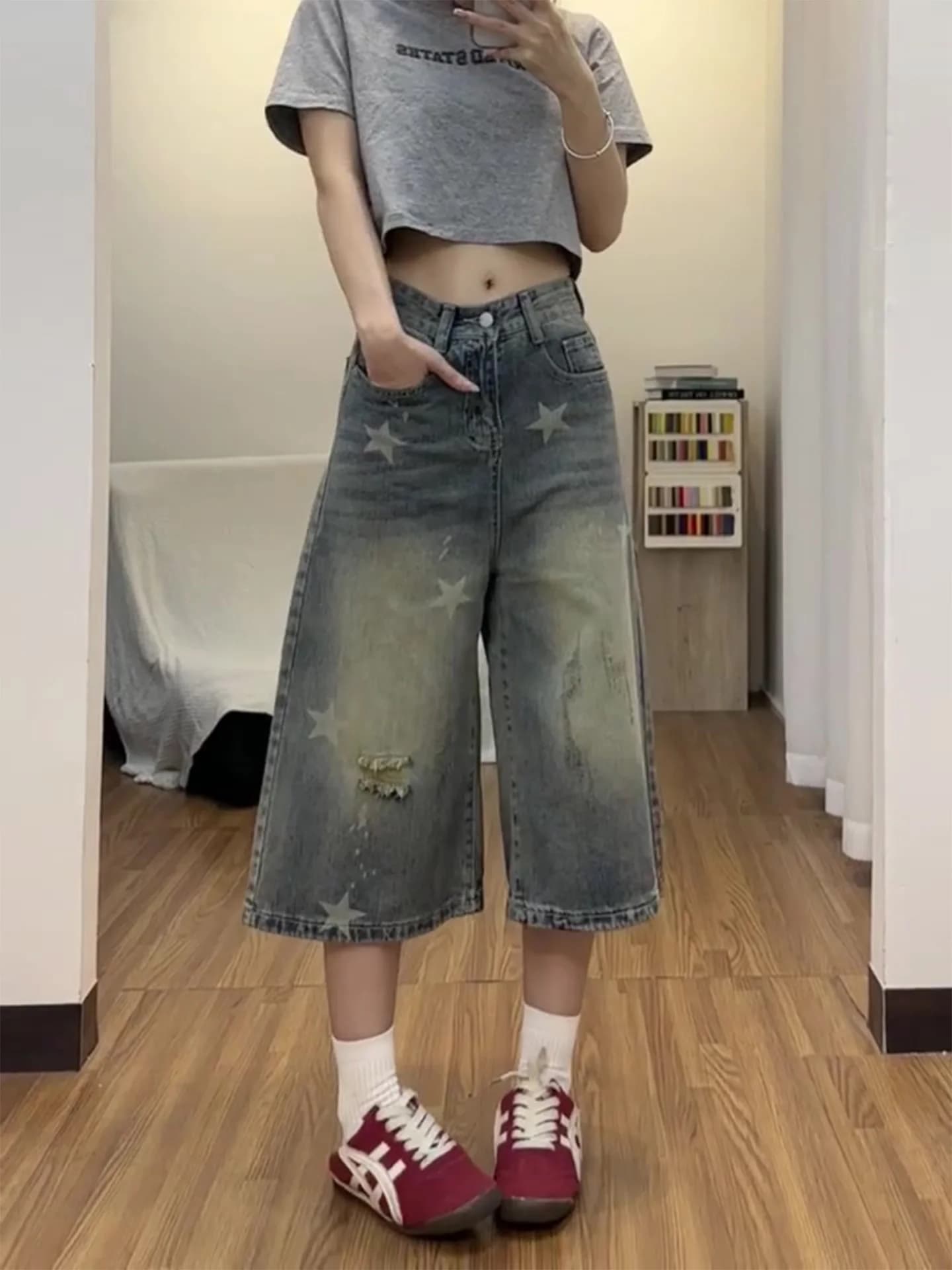 Jeans da donna a gamba dritta larga stile americano, lunghezza sette ottavi, con stampa a stella, nuovo design estivo, effetto snellente, vita bassa, chiusura a cerniera