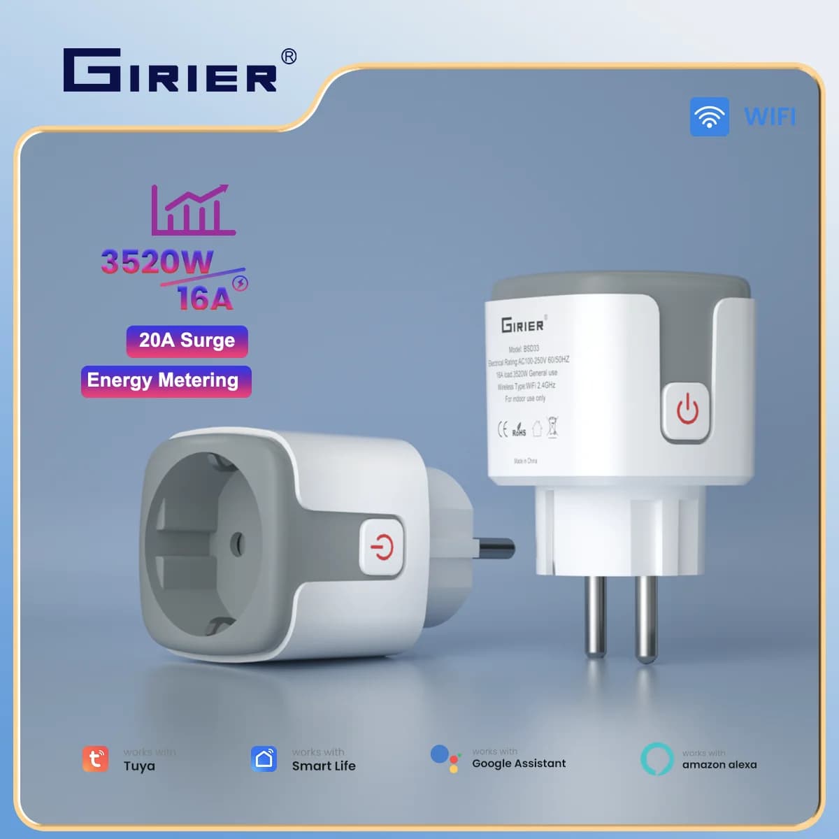 Smart WiFi GIRIER Tuya 16A socket with Energy Monitor 3520W, Supports Remote Temporization Functions via App, Compatible with Alexa and Hey Google