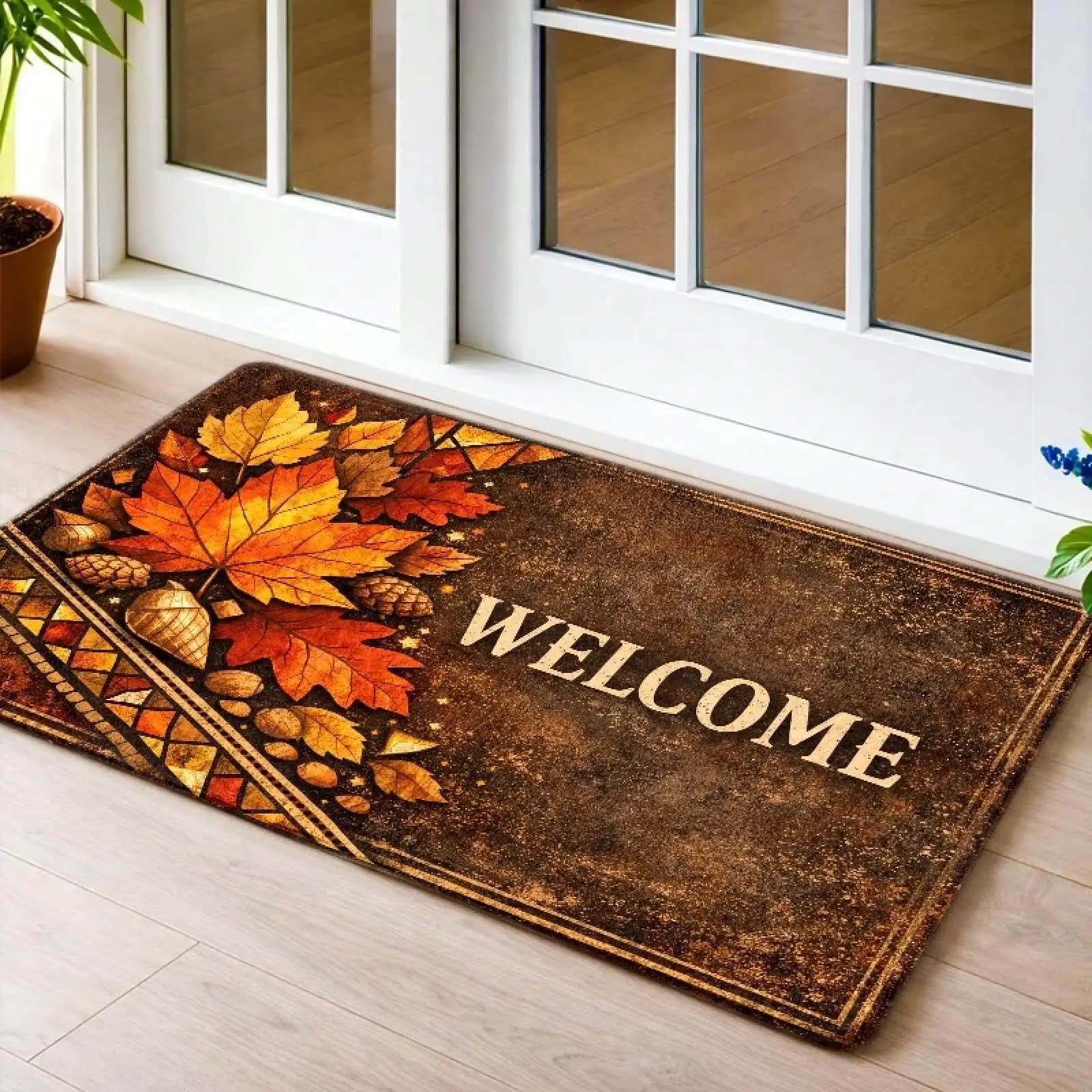 1pc, 2pcs, 3pcs Autumn Maple Leaf Print Doormats, Absorbent Durable Washable Flannel Material, Front Door Entryway Kitchen, Stylish Indoor Bath Rugs Home Decor