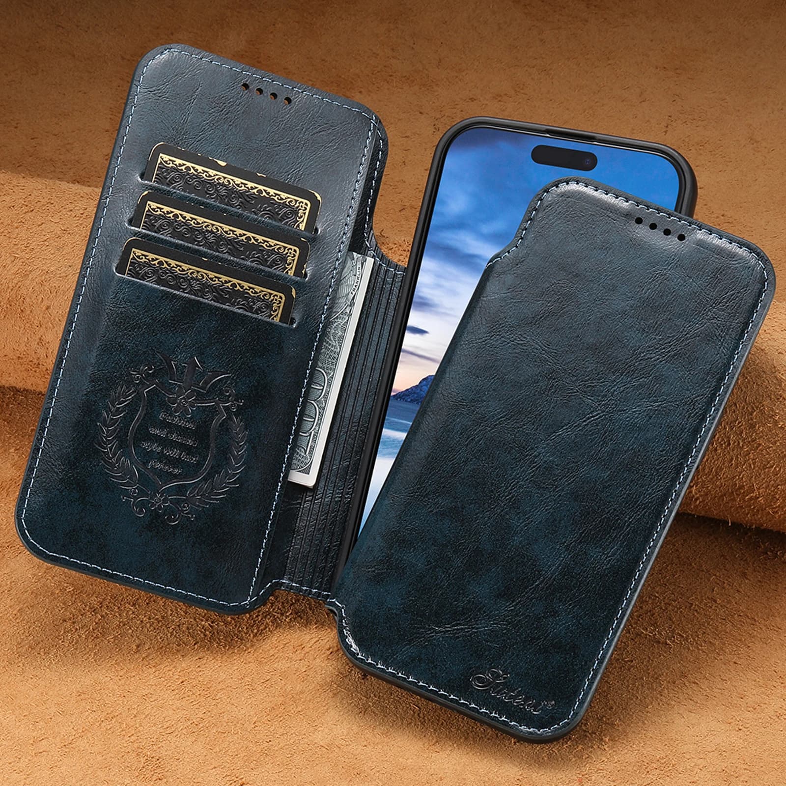 SUTENI Faux Leather Wireless Charging Card Holder Stand Wallet Magnetic buckle Phone Case For iPhone 17 Pro Max 16 Plus 15 14 13
