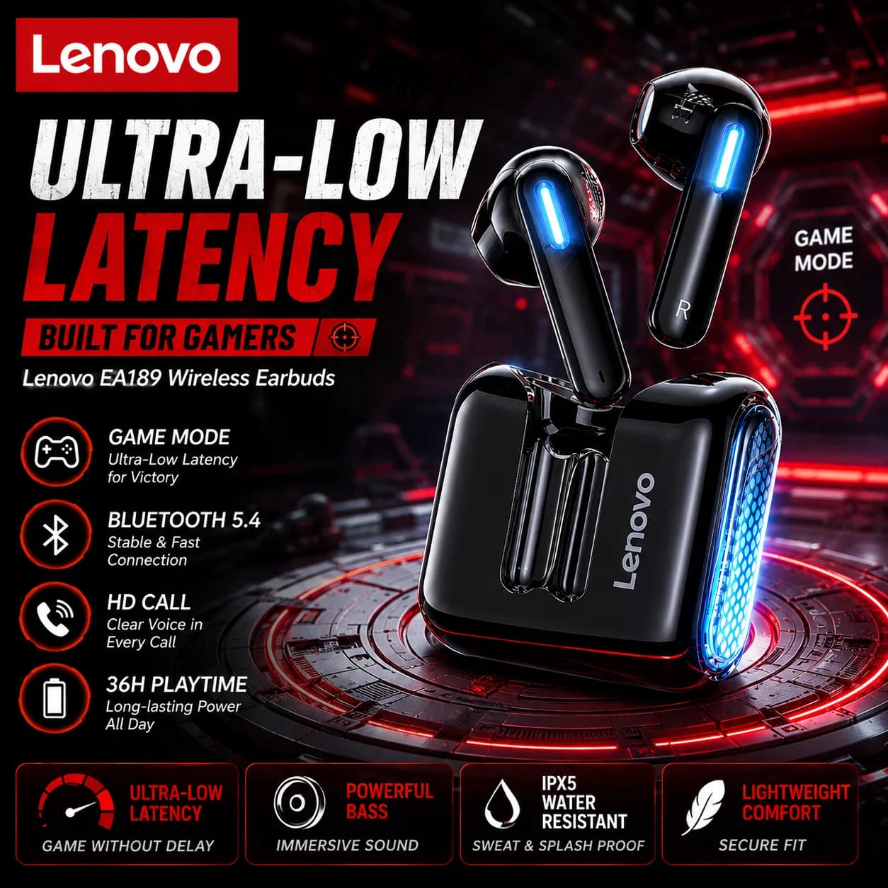 Lenovo EA189 Wireless Earbuds Bluetooth 5.3 Gaming Headphones Noise Cancelling Stereo Bass Sweatproof Sports Earphones Charging