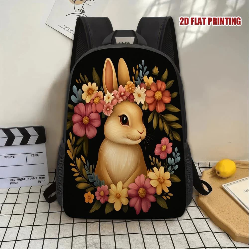 A backpack shaped like a Easter bunny decorated with flowers, with a minimalist and spacious design, perfect for everyday exits.