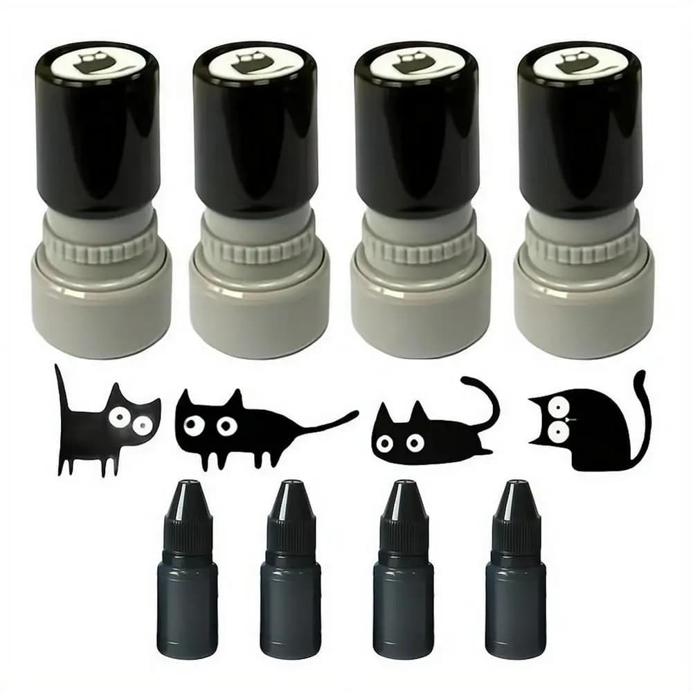 Simpatici Timbri Autoinchiostranti a Forma di Gatto Nero (4 Pezzi), con Inchiostro di Ricarica per Diari, Scrapbooking e Decorazioni di Cancelleria