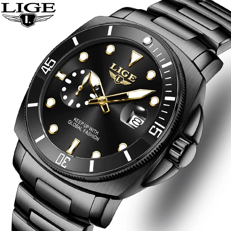 New LIGE Men's Watch at Quartz, Simple Dial, Luxury Business Clock with Calendar, Stainless Steel Strap, Waterproof, For Men + Box
