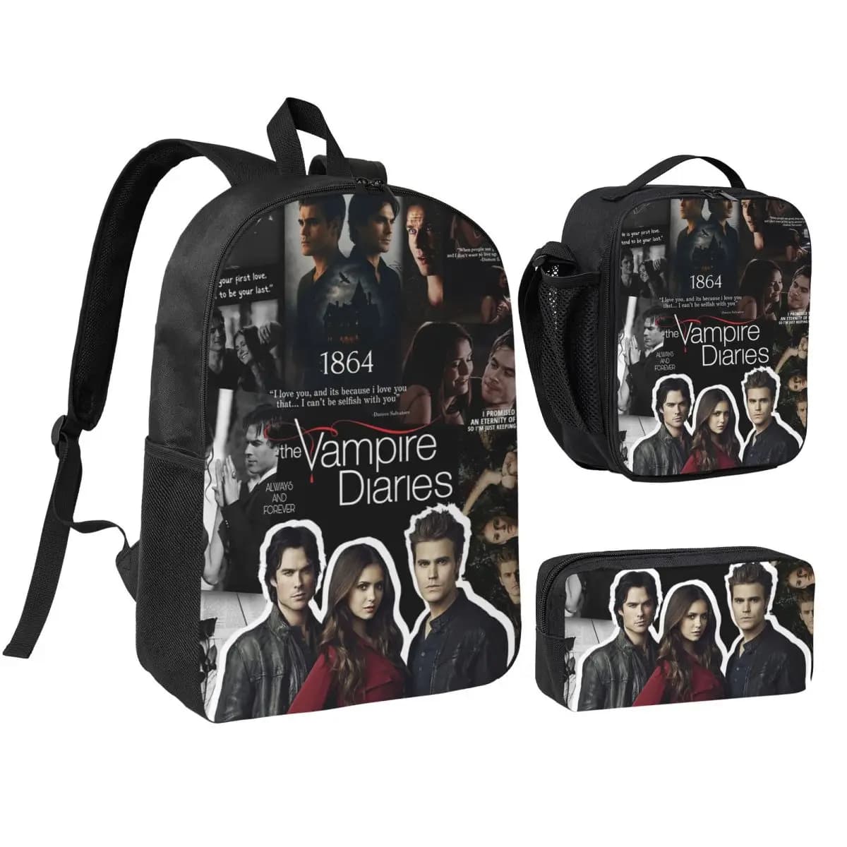 Zaino The Vampire Diaries per studenti, ragazzi e ragazze, borsa per libri, borsa per computer, borse a tracolla, 3 pezzi, borsa termica per il pranzo, astuccio per matite