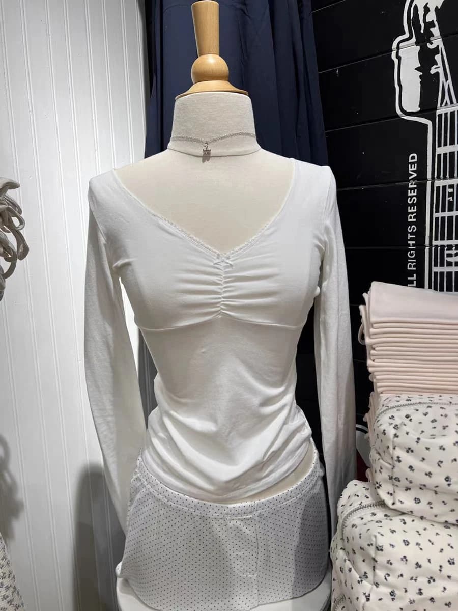 Bow Lace Trim Slim Long Sleeve T-shirt Woman Folds V Neck Cotton Tees Solid Simple Sweet Preppy Style Basic Tshirt Y2k Tops