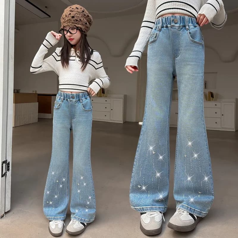 Jeans a Zampa d'Elefante per Bambina con Design a Stella in Strass, Pantaloni in Denim Slim Fit per Primavera e Autunno, Eleganti Pantaloni Boot Cut per Bambini
