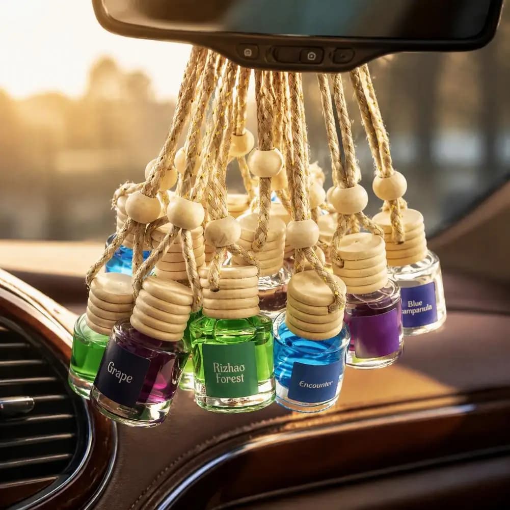 Compact Car Air Diffuser Car Hanging Aromatherapy Diffuser Glass Bottle with Wooden Stopper Portable Essential Oil Air for Auto