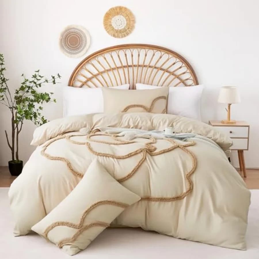 Set Copripiumino 3 Pezzi Boho Trapuntato con Chiusura a Cerniera, Morbido e Traspirante, Set Biancheria da Letto Floreale