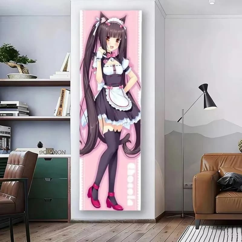 VIKAMA Vertical Cat Maid Wall Hanging, Comic-Style Long Polyester Hanging Cloth, Decorative Backdrop for Dorm Room Photos