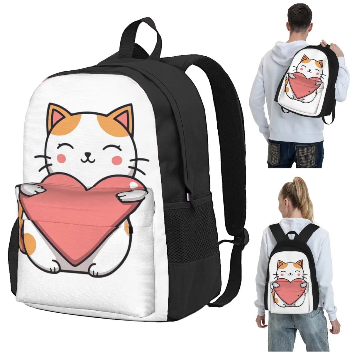 Zaino Kawaii Cat Hugging Heart, borsa per libri per studenti, borsa da scuola per bambini, borse a tracolla per computer per uomini e donne