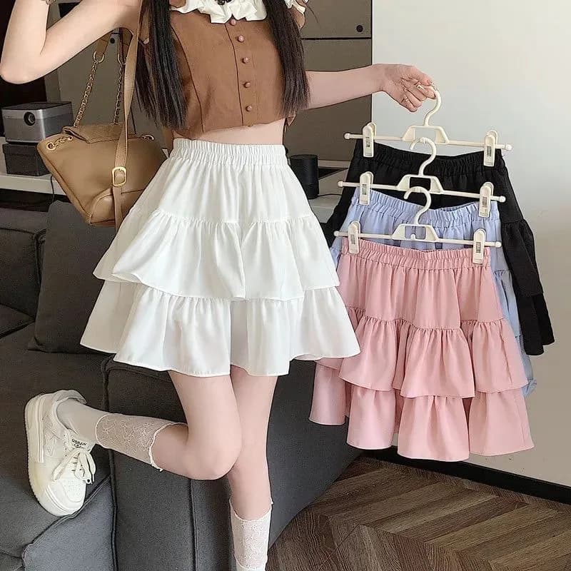 Women's High Waist Trapeze Cake Dress, Elastic Belt, Cute Short Dress with Volant for Women, Korean Fashion