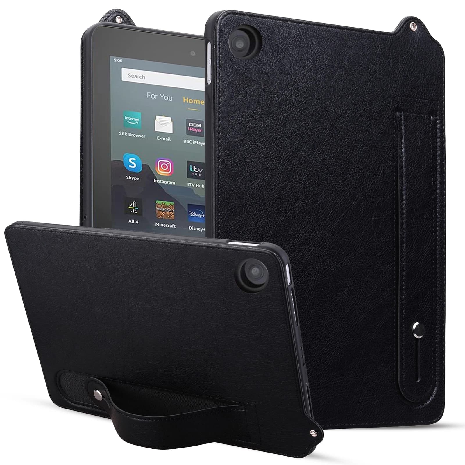 Cover posteriore protettiva per computer in TPU + pelle per Amazon Fire HD 8 8.0 "Prevenzione caduta Supporto per cinturino da polso Custodia protettiva per tablet