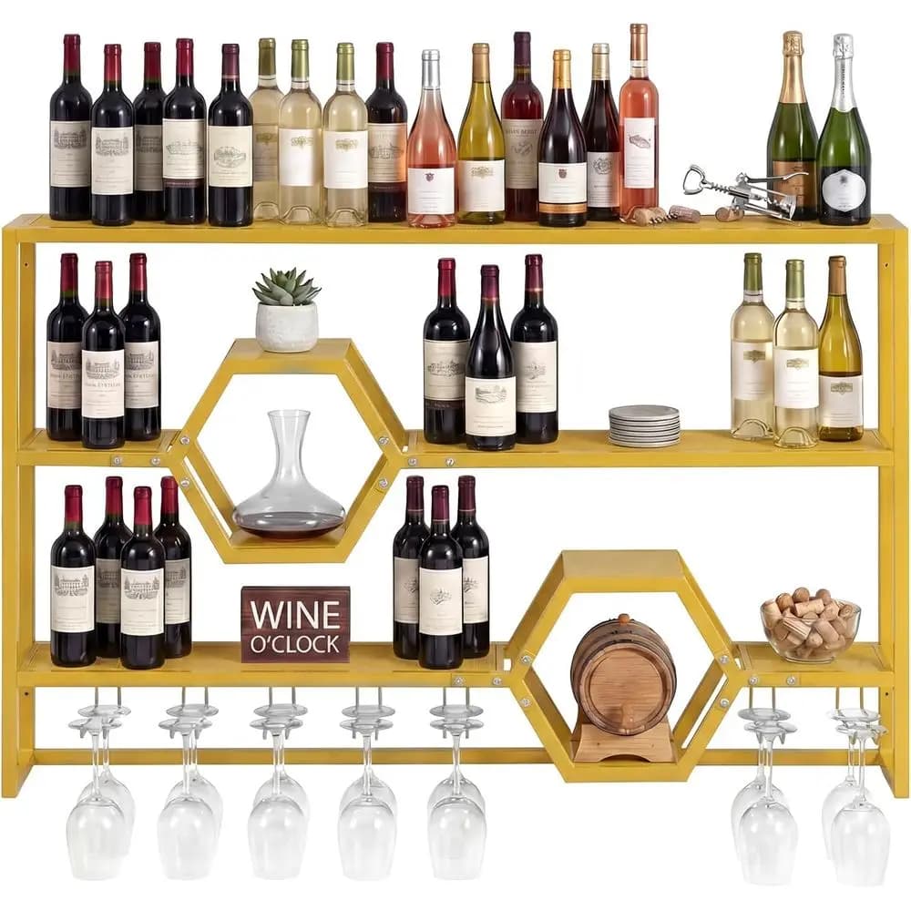 Portabottiglie in Metallo Dorato a 3 Livelli con 7 Portabicchieri - Mensola Sospesa per Conservazione ed Esposizione del Vino in Cucina, Sala da Pranzo o Bar di Casa