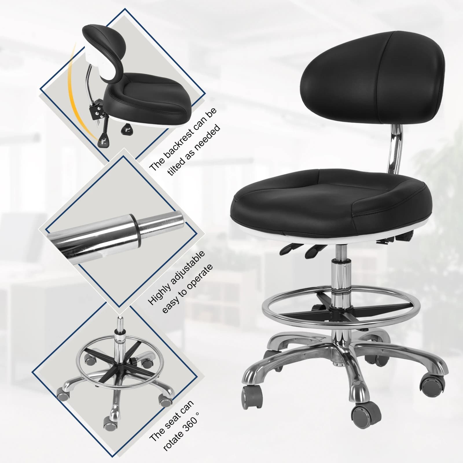 Swivel Tall Office Chair with Backrest & Foot Rest for Studio/Classroom/Lab/Counter/Medical/Tattoo Pulley Swivel Chair Pneumatic