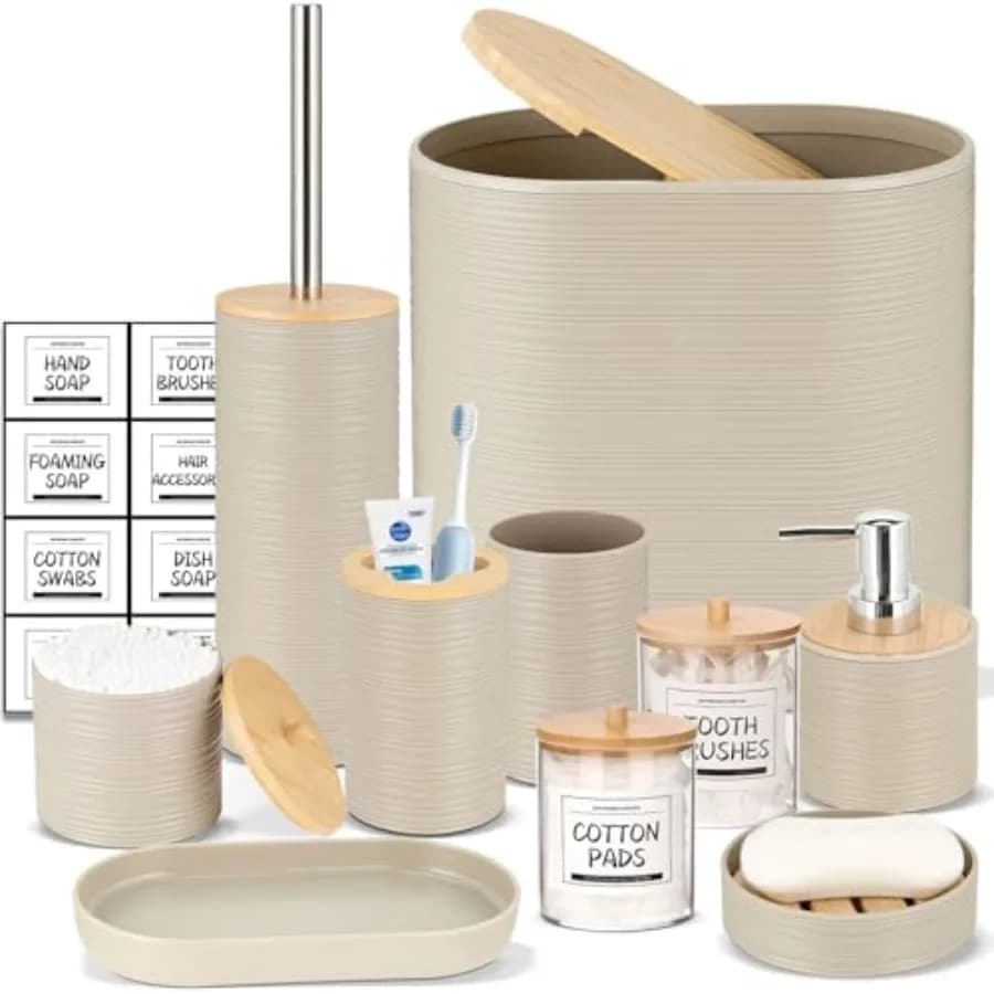 Accessorio - Set di accessori beige con cestino, dispenser sapone, portasapone, portaspazzolino, bicchiere per spazzolino, porta scopino WC, porta bastoncini Q-tip