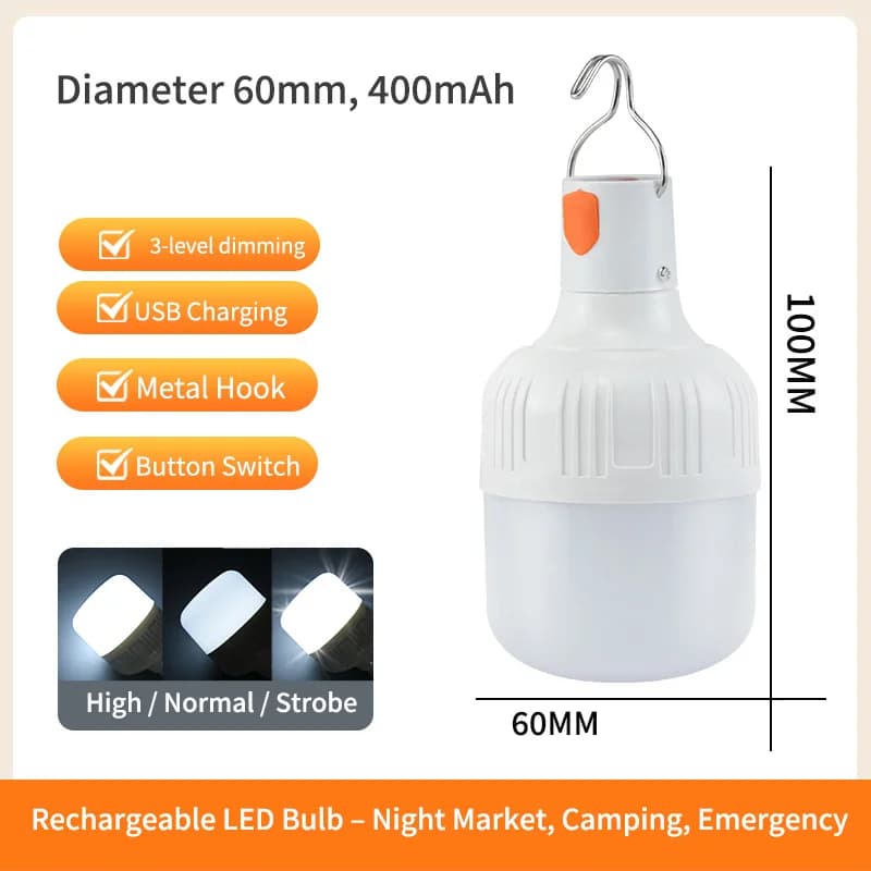 USB Rechargeable LED Bulb with Hook Portable Emergency Light for Outdoor Camping Fishing Hiking Security