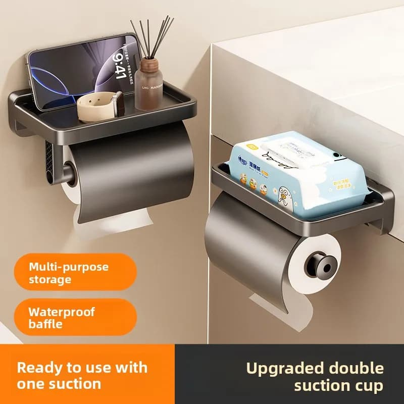 Suction Cup Toilet Paper Holder No Drill Wall Mount Bathroom Tissue Box Toilet Paper Storage Rack With Phone Shelf For Washroom