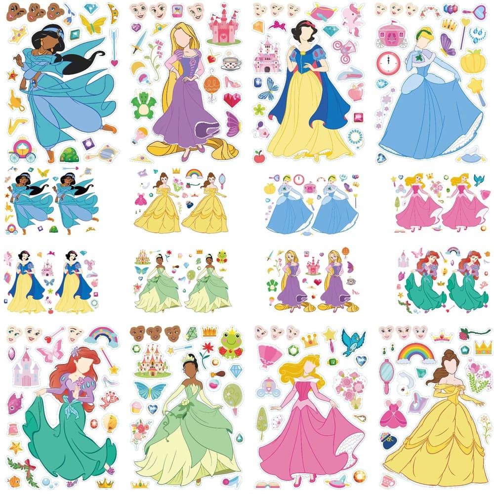 8/16 Fogli di Adesivi Puzzle con Principesse Disney, Divertenti Giocattoli Educativi Fai-da-Te per Creare Volti, Vendita all'Ingrosso