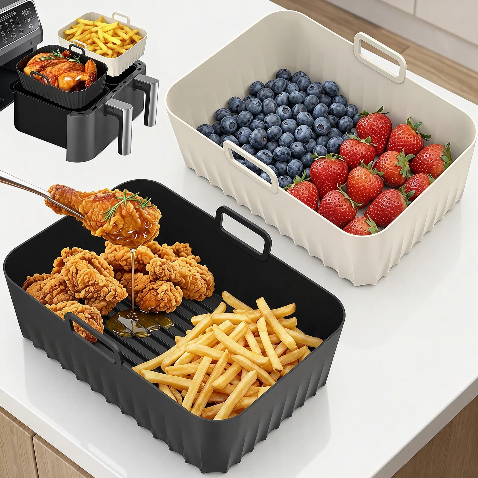 2 Pieces Silicone Basket for Air Fryer, Oven Tray for Pizza and Chicken Fried, Air Fryer Accessories