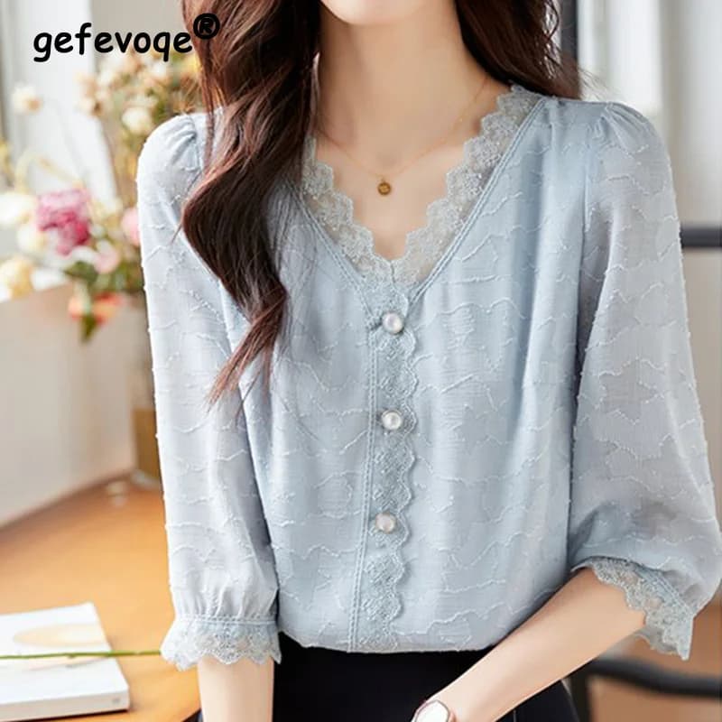 Magliette Pullover in Chiffon con scollo a v e maniche a tre quarti per le donne vestiti estivi con scollo a v Splicing in pizzo blu grigio allentato Top dritto