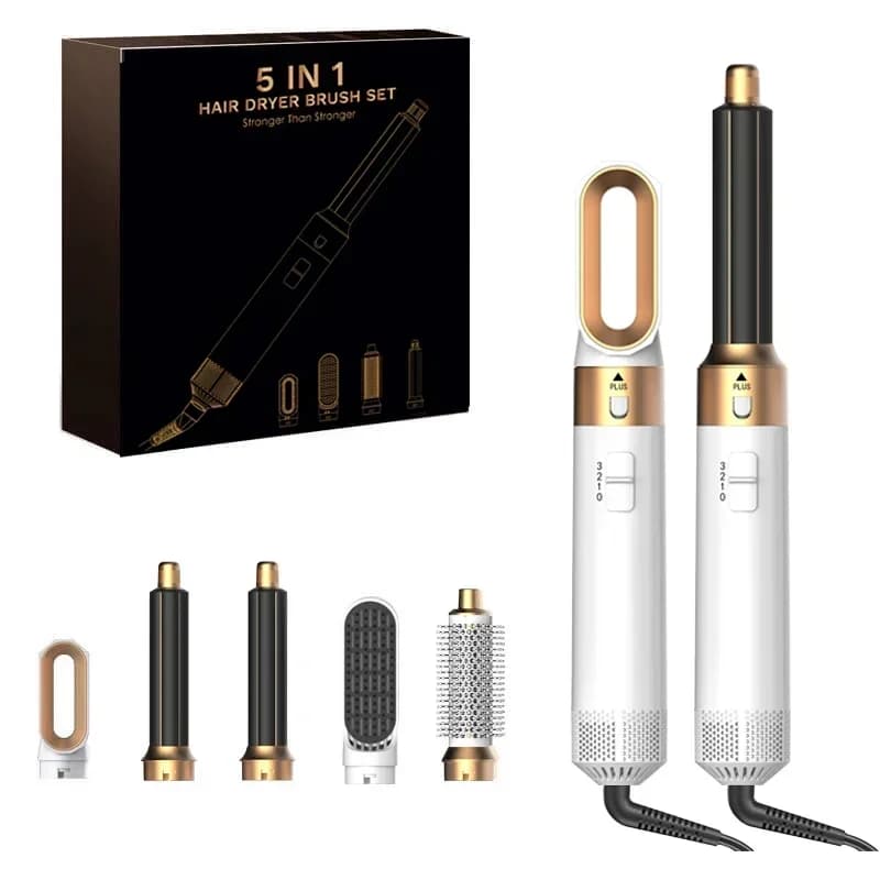 Hair dryer 5 in 1 with hot air brush, professional hair plate, iron hair curler, styling tool for home and professional use.