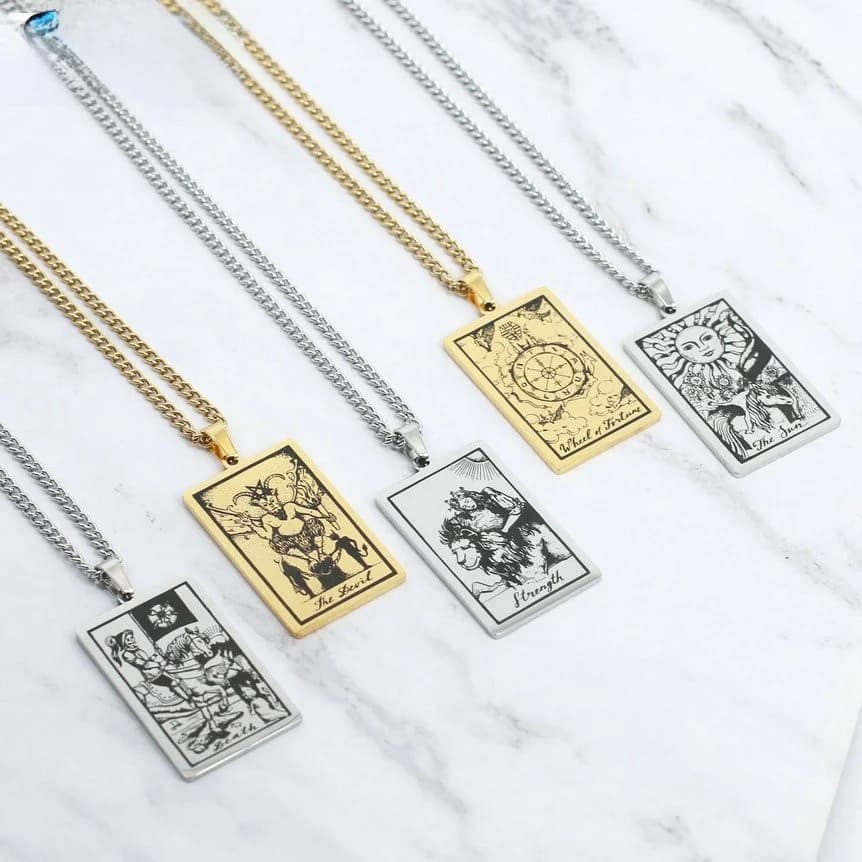 Collana con Ciondolo Rettangolare in Acciaio al Titanio, 22 Carte dei Tarocchi, Collana a Catena per Maglione, Accessorio di Gioielleria alla Moda