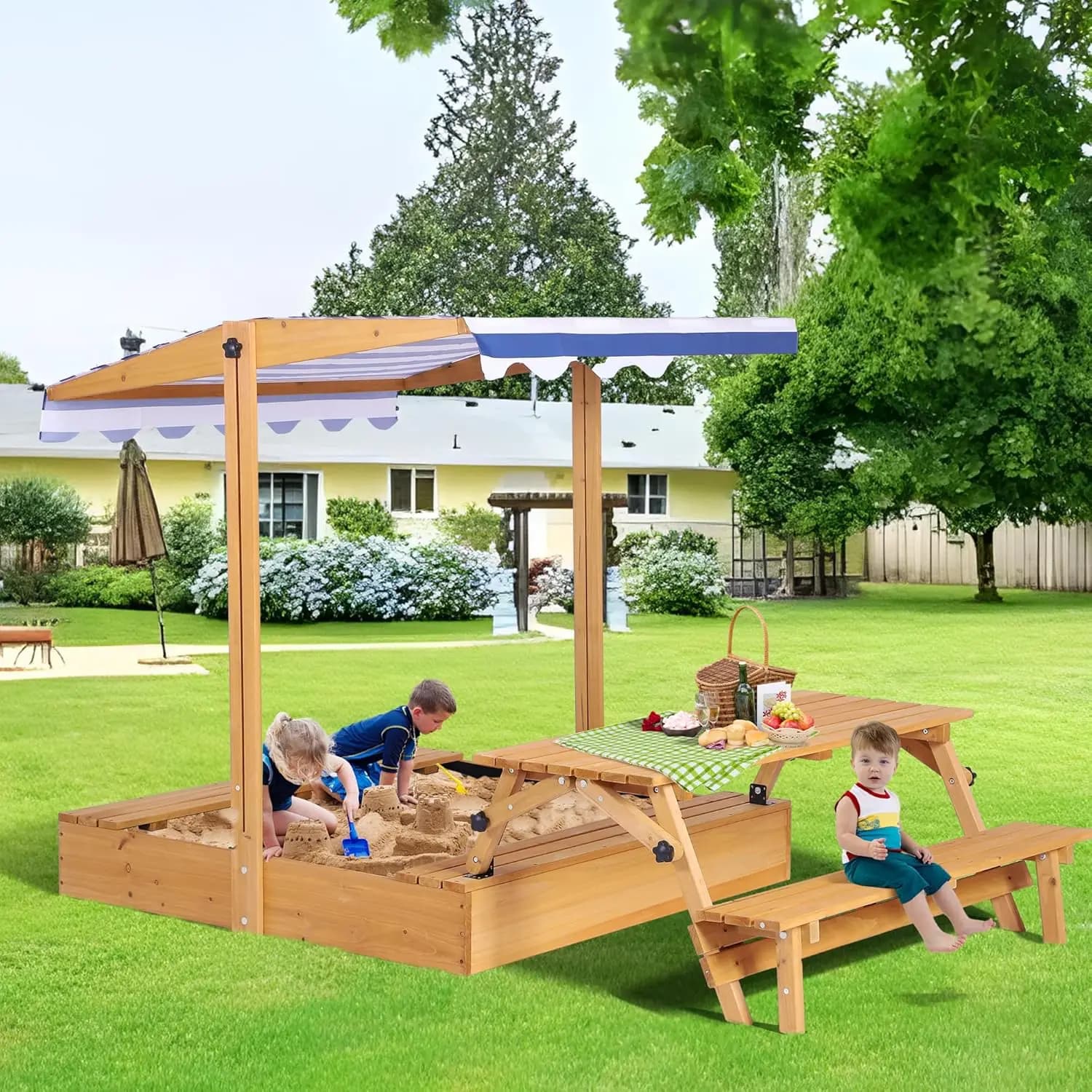 Sabbiera per bambini con coperchio, scatole di sabbia in legno per esterni con tavolo da picnic per bambini, sabbia con baldacchino di copertura, casetta da gioco per bambini all'aperto wi