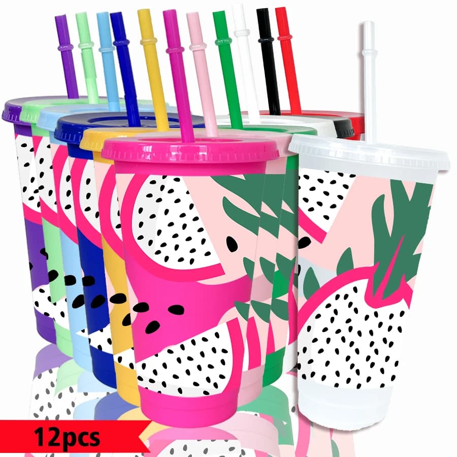 Confezione da 12 bicchieri in plastica colorata da 26oz con motivi a foglie verdi di pitaya, ideali per feste, bevande fredde, regali di compleanno e per il ritorno a scuola