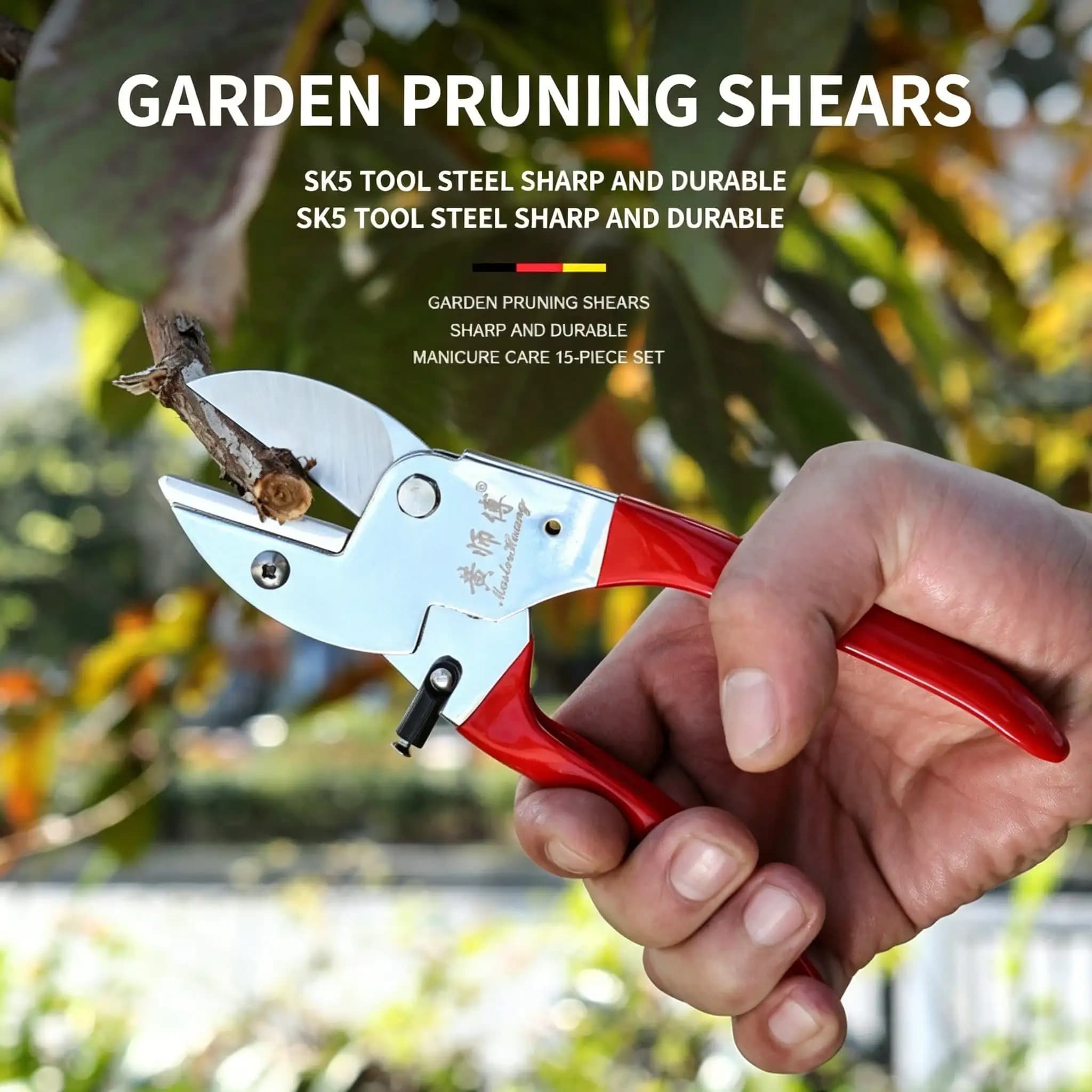 Manual pruning scissors, garden shears for heavy duty, SK5 steel shears for bird beak, anti-slip gardening scissors and work save-work for rigid branches and fruit trees, 1 piece