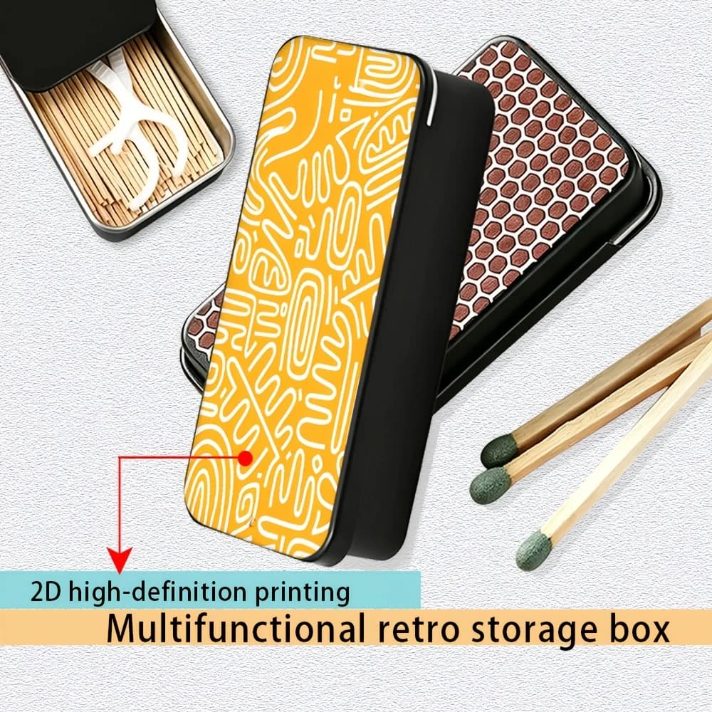 2D Printed Vintage Storage Box: A Versatile Sliding-lid Tin Box Featuring an Abstract Line Pattern, with a Portable Design, Making It the Perfect Holiday Gift metal match box