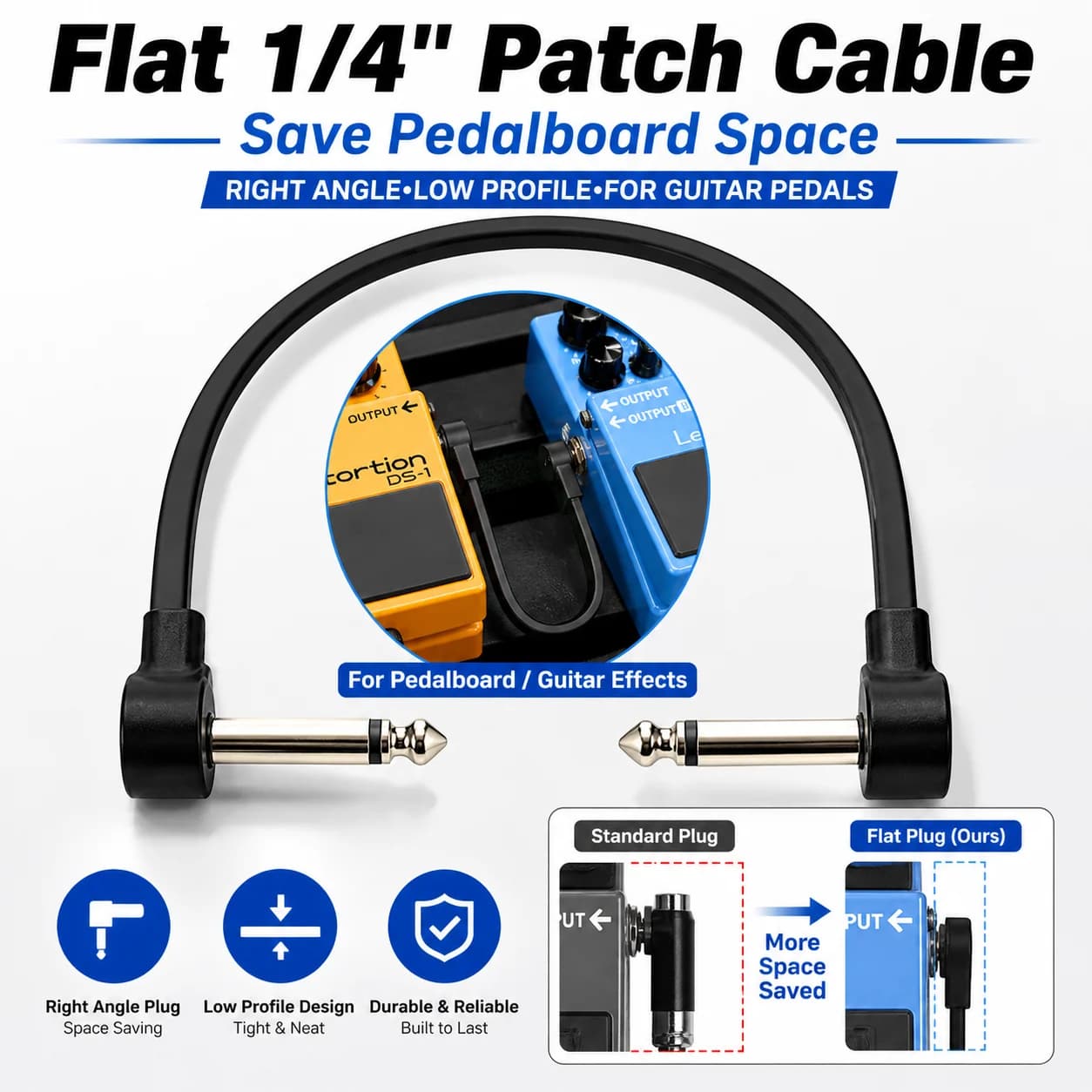 Guitar Patch Cables 1/4 Inch 6.35mm Right Angle Low Noise Shielded Oxygen‑Free Copper Core for Guitar Bass Pedalboard Amplifier
