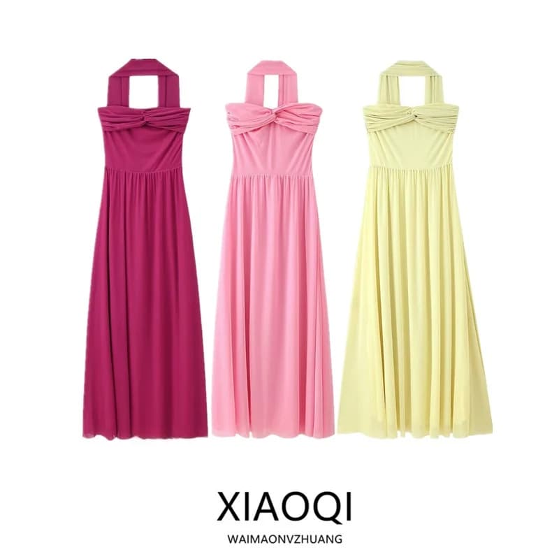 Abito Lungo Estivo 2025 Senza Maniche da Donna, Vestito in Tulle Monocolore con Fascia, Design Trendy per il Pendolarismo Urbano, Stile Sud-est Asiatico
