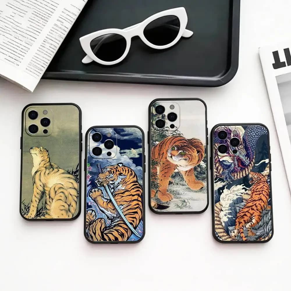 COOL Ukiyo-e Style Tiger Tortoise Print Phone Case Silicone Soft For IPhone 17 16 15 14 13 12 11 X XR Plus Pro Max Plus