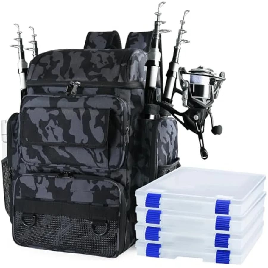 Fishing Backpack with 4 Tool Boxes, 45L Large Bag for Fishing Equipment, Fishing Backpack, Camping and Hiking, Mimetico