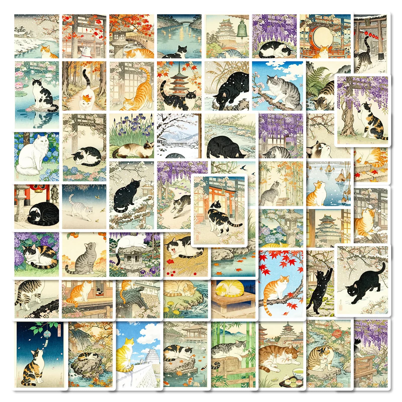 56/112 Pcs Japanese Retro Hand Drawn Cat Theme Stickers for Stationery Box Notebook Phone Laptop Printer Cup No Repeat Decals