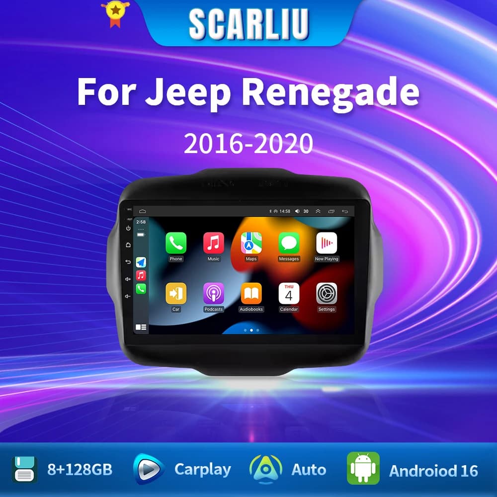 Autoradio SCARLIU 2DIN Android Auto per Jeep Renegade 2016-2020, lettore multimediale video, GPS, navigatore, stereo, 4G, Bluetooth, Carplay.